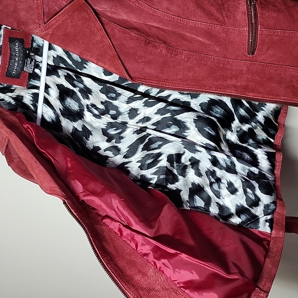 Live A Little Red Suede Jacket Leopard Lined Womens Medium Moto Jacket Bikercore - Picture 11 of 11